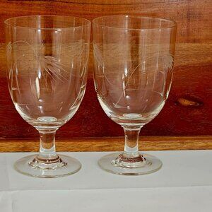 2 Sasaki Wheat Water Ice Tea Glasses etched crystal 5.25" smooth stem 1950s vtg